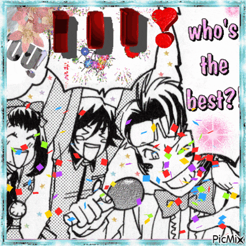 a black and white drawing of a man holding a microphone with the words " who 's the best " above him