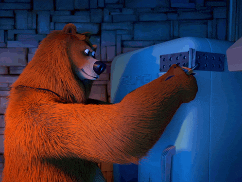 a cartoon bear is opening a blue refrigerator with a padlock on it