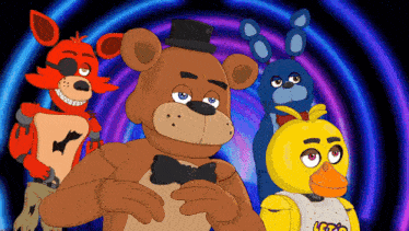 a group of five nights at freddy 's characters are standing together