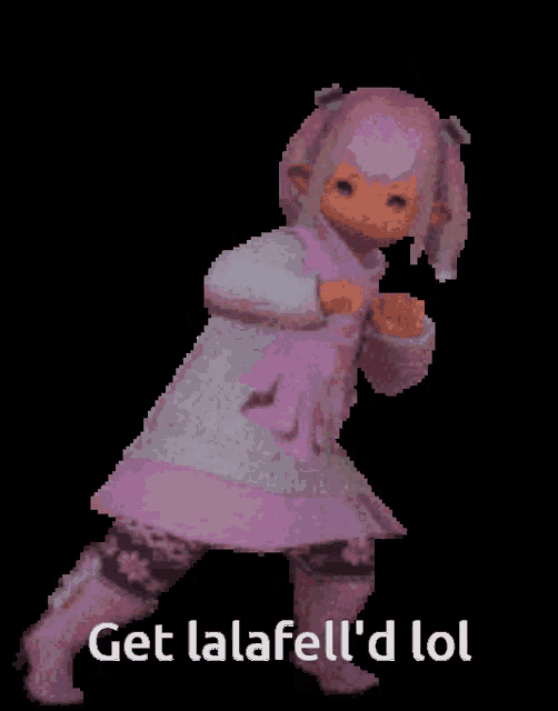 a pixel art of a girl with the words get lalafell 'd lol written below her