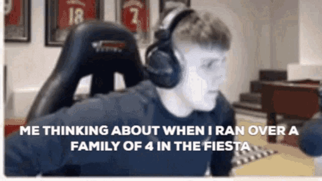 a man wearing headphones is sitting in a chair and thinking about when he ran over a family of 4 in the fiesta