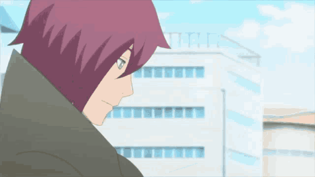 a man with purple hair is standing in front of a white building