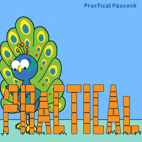 an illustration of a peacock with the word practical behind it