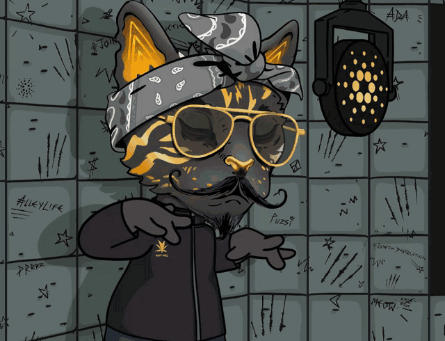 a cartoon cat wearing sunglasses and a bandana with the word alleylife written on it