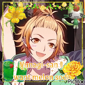 a picture of yunagi-san i want melon soda with flowers and a cat