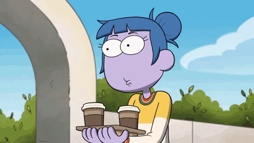 a cartoon girl is holding a tray of coffee cups