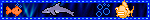 a blue background with a dolphin a fish and a fireball