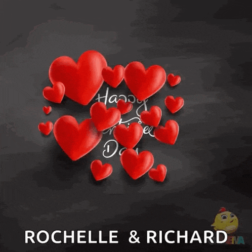 a happy valentine 's day greeting card with red hearts and the name rochelle and richard