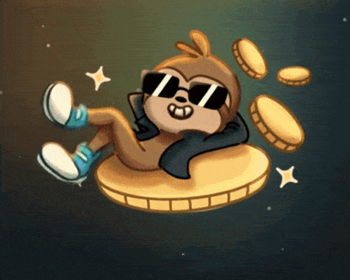 a cartoon of a sloth wearing sunglasses laying on a coin