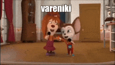 a couple of cartoon characters standing next to each other in a room holding microphones .