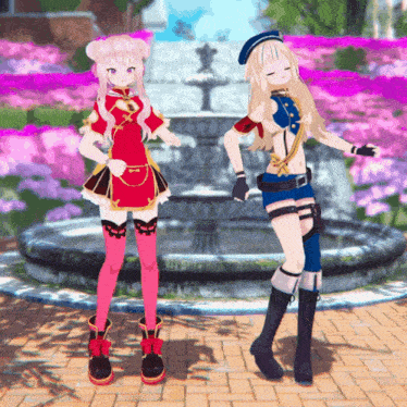two anime girls standing in front of a fountain
