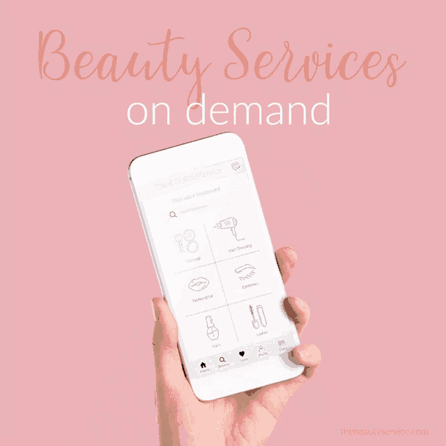 a hand is holding a cell phone with the words beauty services on demand