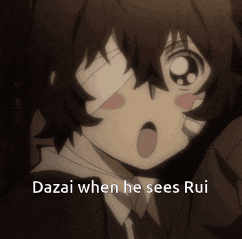 a close up of a person with a bandage on their face and the words dazai when he sees rui