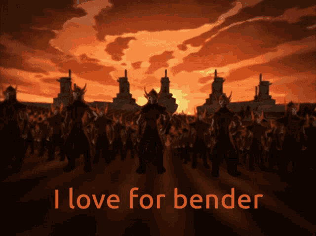 a group of soldiers are standing in front of a sunset and the words i love for bender are visible