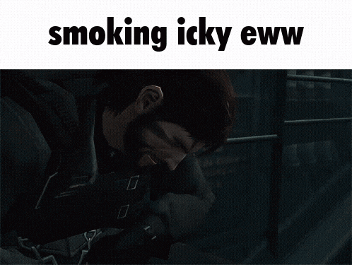 a picture of a person smoking a cigarette with the words smoking icky eww above it