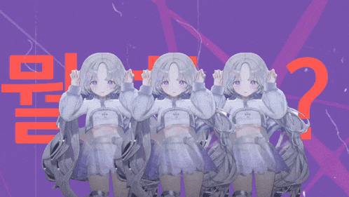 three anime girls are standing in front of a purple background with chinese characters