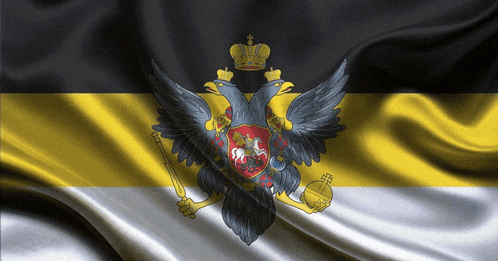 a black and yellow flag with a double headed eagle and a crown
