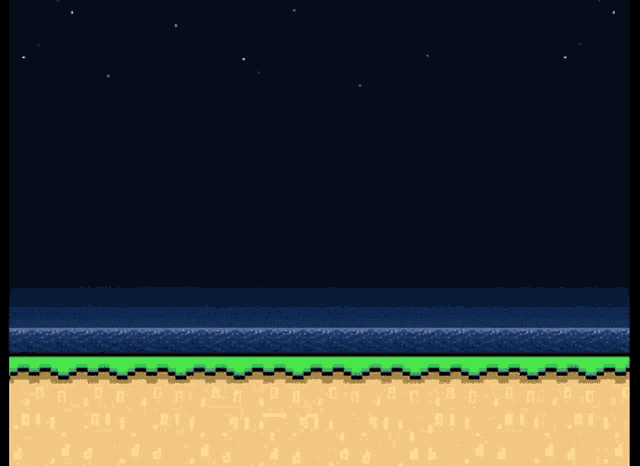 a pixel art of mario laying on the ground with a blue sky in the background
