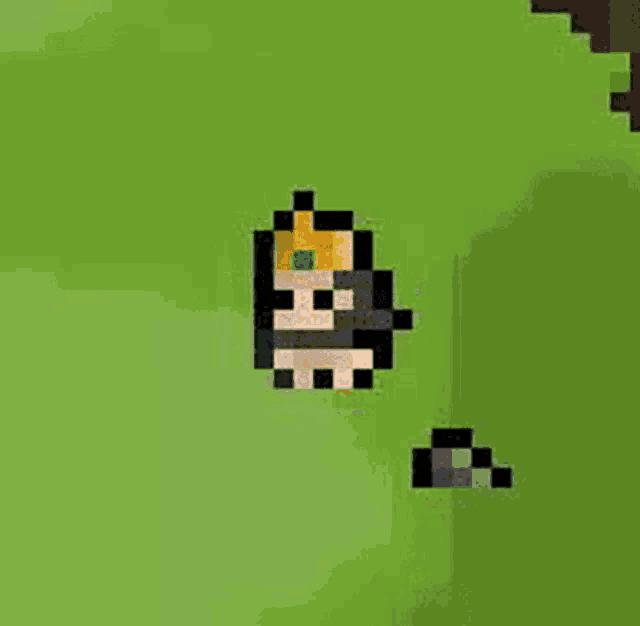 a pixel art of a person wearing a crown standing on a grassy field .