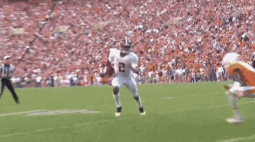 a football player wearing a white jersey with the number 2 on it is running with the ball .