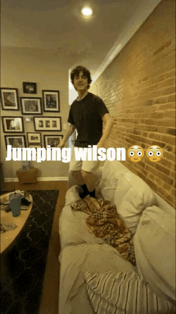 a man is jumping on a couch with the words jumping wilson above him