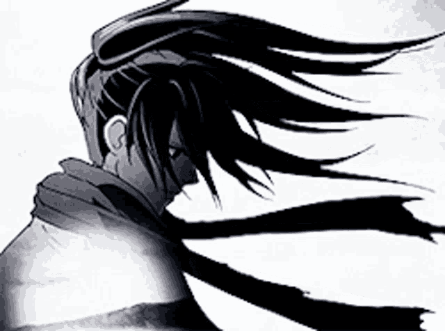 a black and white drawing of a person with a ponytail