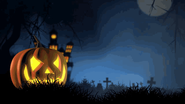 a halloween pumpkin with a face carved into it sits in the grass in front of a haunted house
