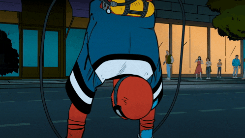 a cartoon of a man doing a handstand with a hose on his back