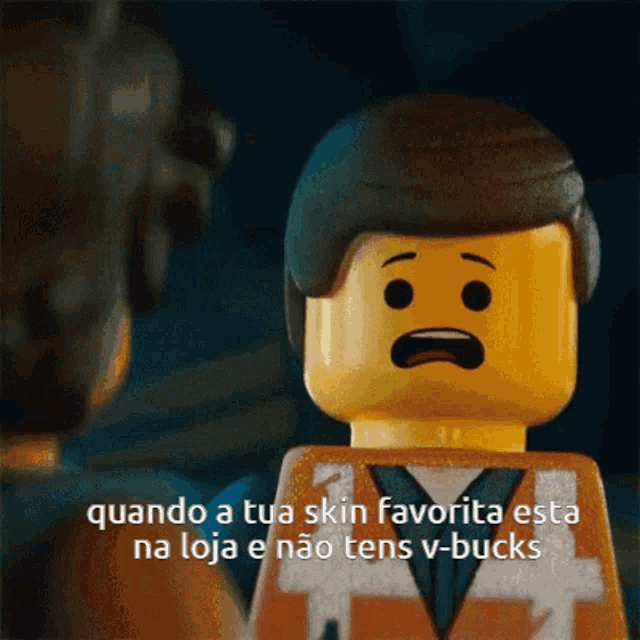a lego man with a sad face says quando a tua skin favorita esta na loja e não tens v bucks