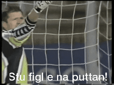 a soccer goalie reaches up to catch a ball with the words stu figl e na puttan written below him