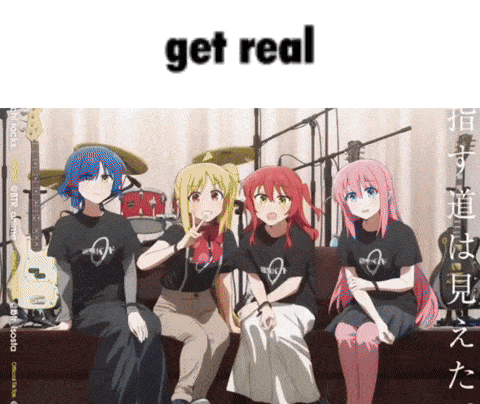 a group of anime girls are sitting on a couch with the words get real written above them