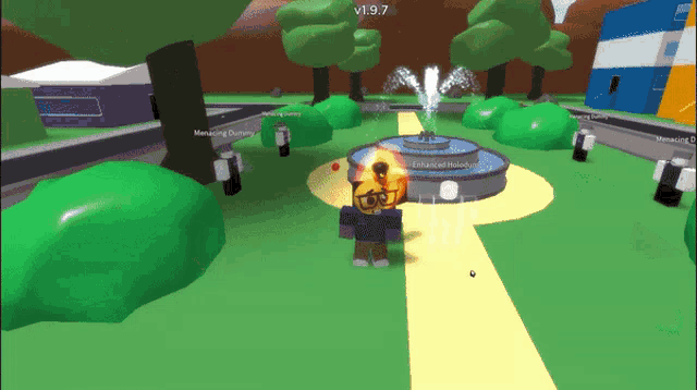 a screenshot of a video game shows a fountain and says v1.9.7