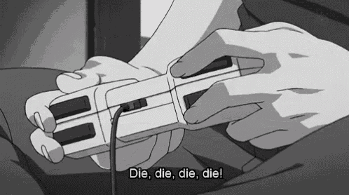 a black and white drawing of a person holding a video game controller with the words die die die die written below them