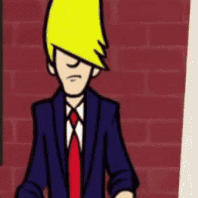 a cartoon of a man in a suit and tie standing in front of a red brick wall .