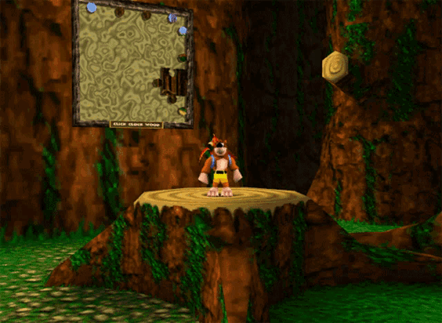 a cartoon character is standing on a tree stump in front of a clock that says click clock wood