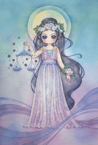a drawing of a girl in a white dress holding scales