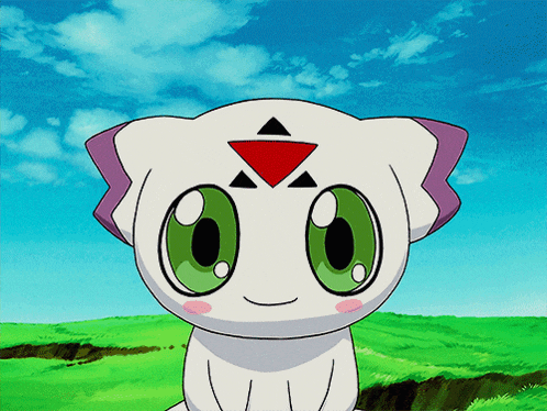a white cartoon character with green eyes and a red triangle on its head