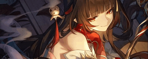 a girl with long dark hair and red eyes is wearing a red and white dress and a red tie .
