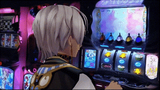 a person playing a slot machine with a screen that says ' a ' on it