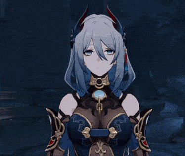 a girl with blue hair and horns is wearing a costume with the letter g on it
