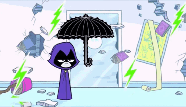 a cartoon of raven holding an umbrella in a room with lightning bolts