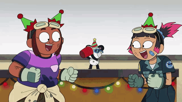two cartoon characters are standing next to each other with one wearing a party hat
