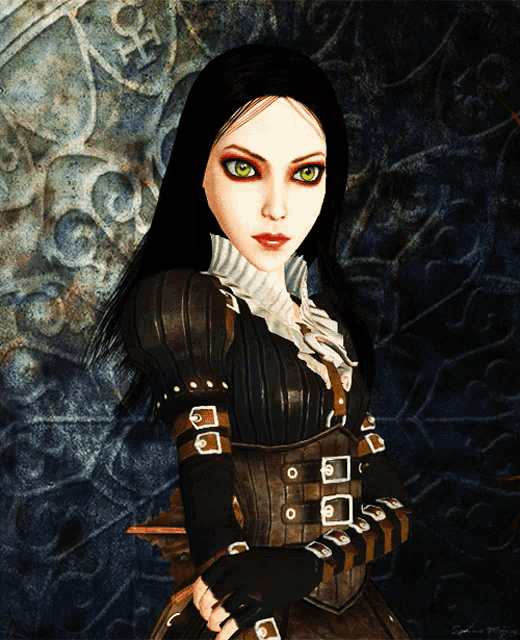 a drawing of a woman with green eyes and black hair