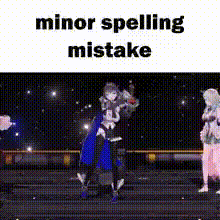 a video game character is standing on a stage with the words `` minor spelling mistake '' .