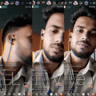 a man 's face is displayed on a screen with the word live on it