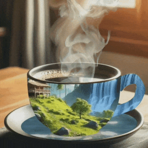 a cup of coffee with a waterfall on the side