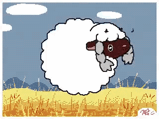 a cartoon sheep is standing in a field with a blue sky in the background .