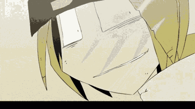 a close up of a cartoon character 's face with a white square on it