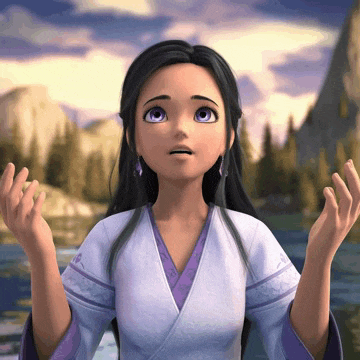 a cartoon girl in a white and purple kimono is standing in front of a body of water .