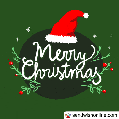 a merry christmas card with a santa hat on top